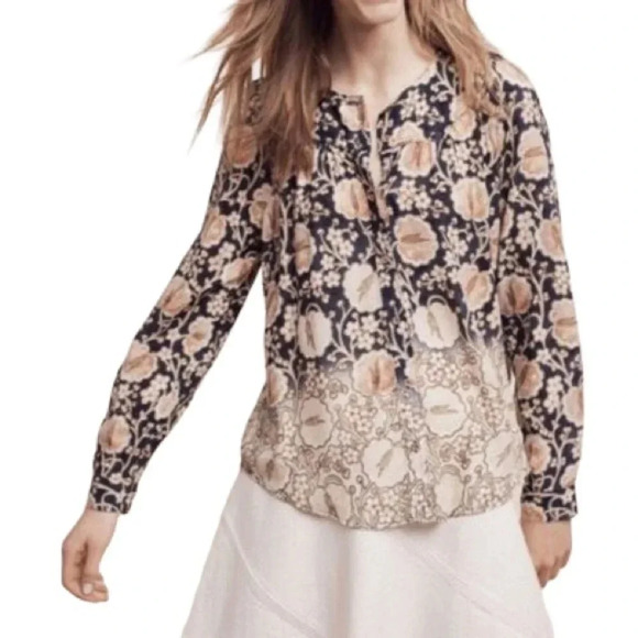 MAEVE Anthropologie Orli Bibbed Neutral Floral Print Button Down Boho Blouse - Picture 3 of 12